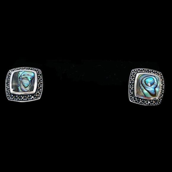 Sterling Silver 925 Abalone & Marcasite Pierced Earrings Signed KTH, 7.6 grams - Picture 6 of 9